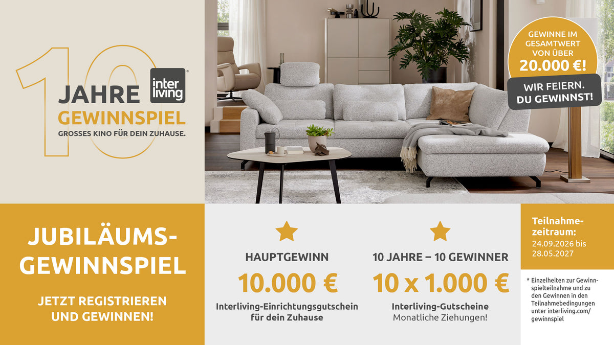 Interliving 10-Jahre-Jubiläumsgewinnspiel: Hauptgewinn 10.000€ Einrichtungsgutschein, 10× 1.000€ Gutscheine, Teilnahme 24.09.2026 bis 28.05.2027