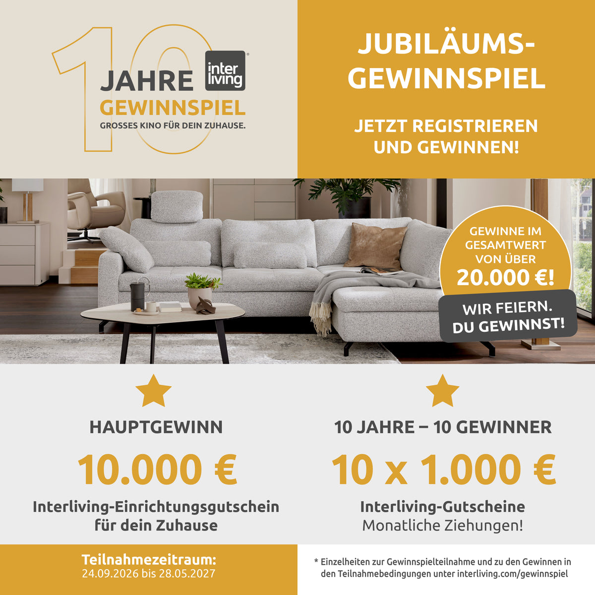 Interliving 10-Jahre-Jubiläumsgewinnspiel: Hauptgewinn 10.000€ Einrichtungsgutschein, 10× 1.000€ Gutscheine, Teilnahme 24.09.2026 bis 28.05.2027