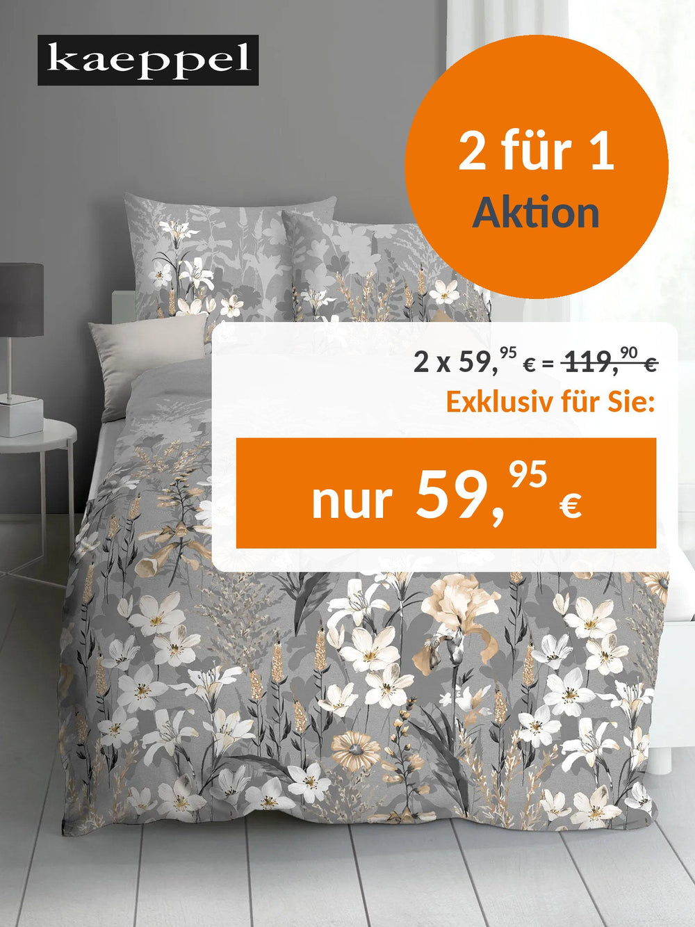 Biber Bettwäsche 2 für 1: LILY, 2-teilig, 135 x 200 cm, grau geblümt
