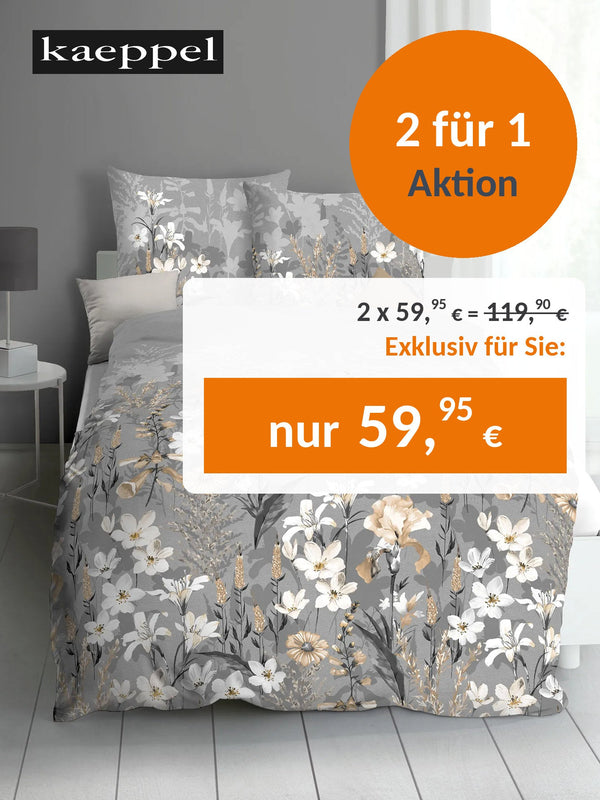 Biber Bettwäsche 2 für 1: LILY, 2-teilig, 135 x 200 cm, grau geblümt