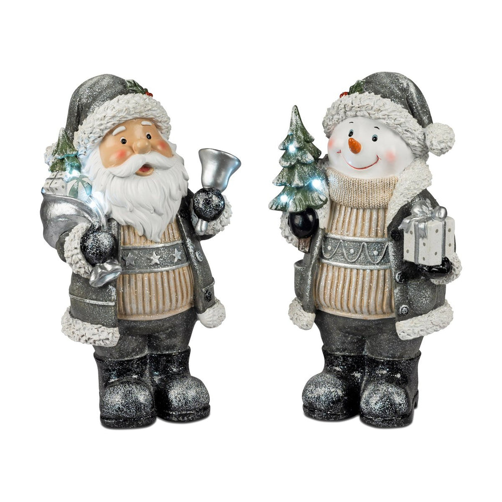 SCHNEEMANN UND SANTA Deko-Figuren 2er-Set mit LED und Timer, 35 cm