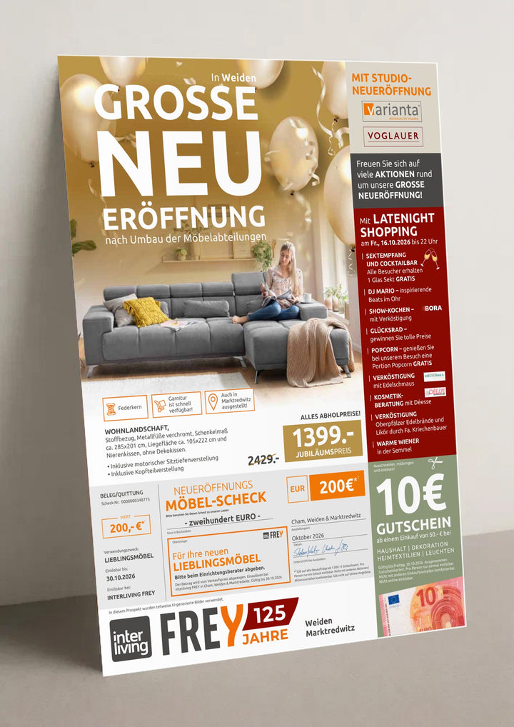 Titelseite des Prospekts zur Großen Neueröffnung bei Interliving FREY in Weiden