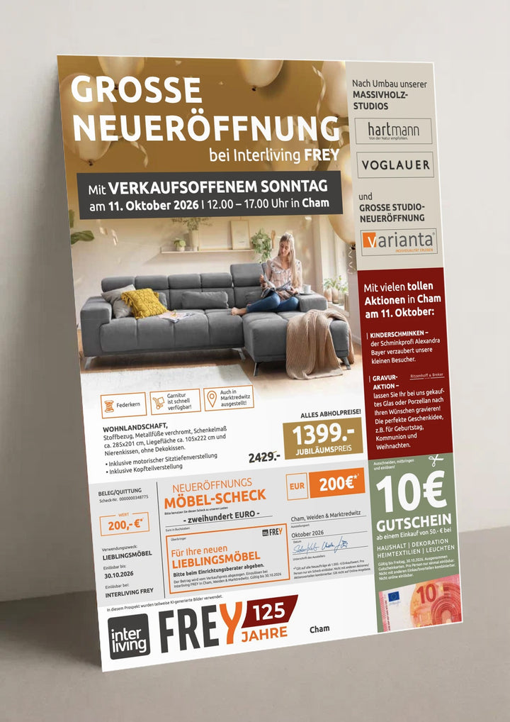 Titelseite des Prospekts zur Großen Neueröffnung bei Interliving FREY in Cham